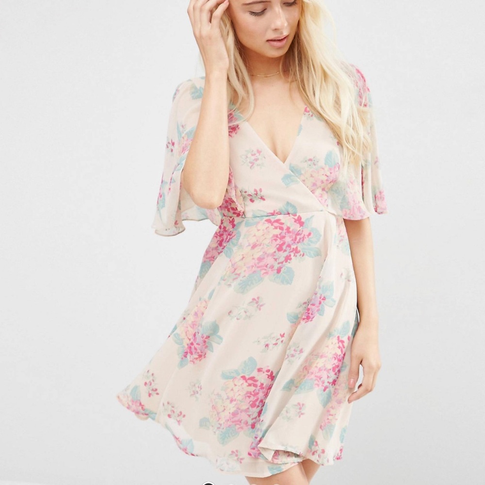 Asos wrap front angel sleeve dress in pretty hydrangea print